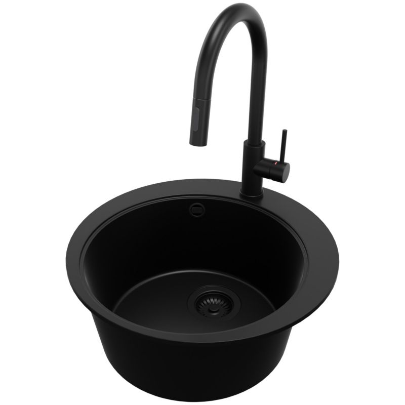 Zlewozmywak Granitowy Okrągły Piza PRIMAGRAN Nablatowy 50x50cm do szafki od 45cm z Syfonem i Baterią Cały Czarny 1 szt.