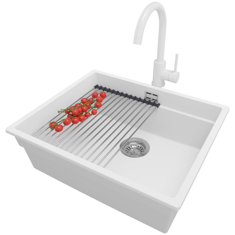 Zlewozmywak Granitowy Praga Slim PRIMAGRAN Nablatowy 56x47cm, Biały + Bateria + Syfon + Akcesorium, S286, 1 szt.