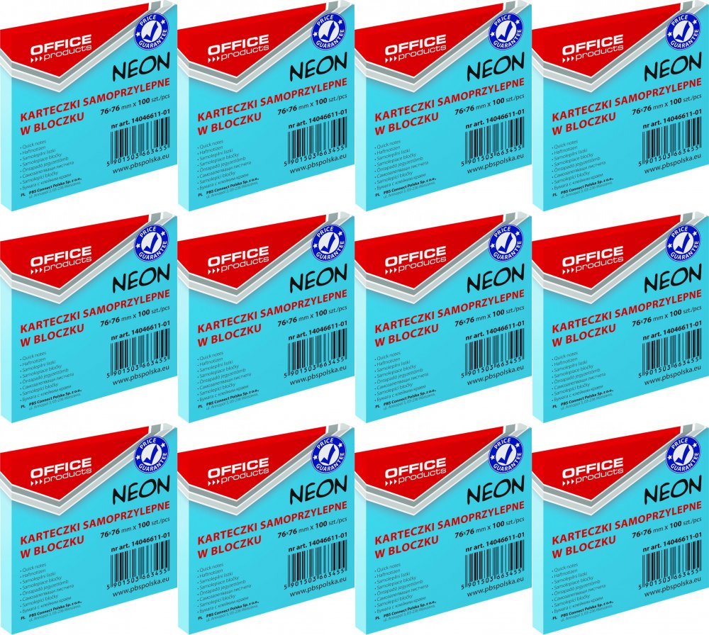 12x Karteczki samoprzylepne Office Products, 76x76mm, 100 karteczek, neonowy niebieski