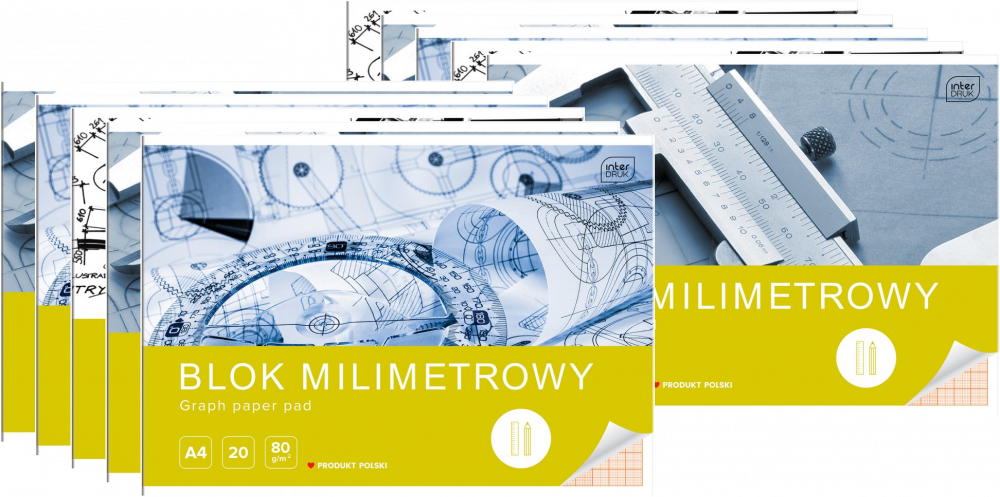 10x Blok milimetrowy Interdruk, A4, 20 kartek, mix wzorów