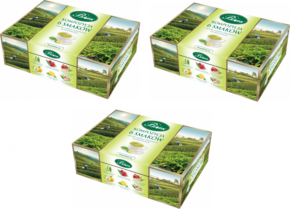 3x Zestaw herbat w kopertach BiFix, Kompozycja 6 herbat zielonych, 6 smaków, 60 sztuk x 2g
