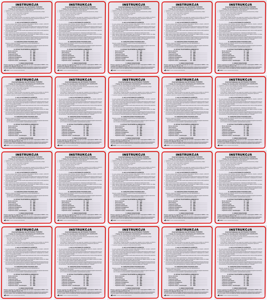 20x Tabliczka informacyjna Anro, "Instrukcja postępowania na wypadek pożaru"