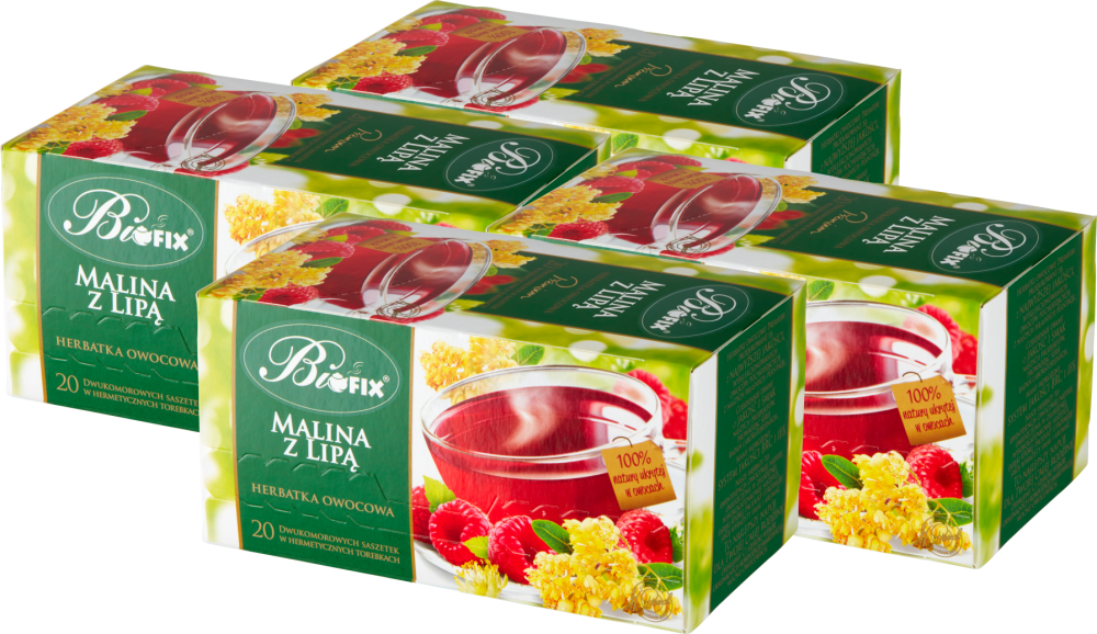 4x Herbata owocowa Bifix Premium, w kopertach, malina z lipą, 20 sztuk x 2g