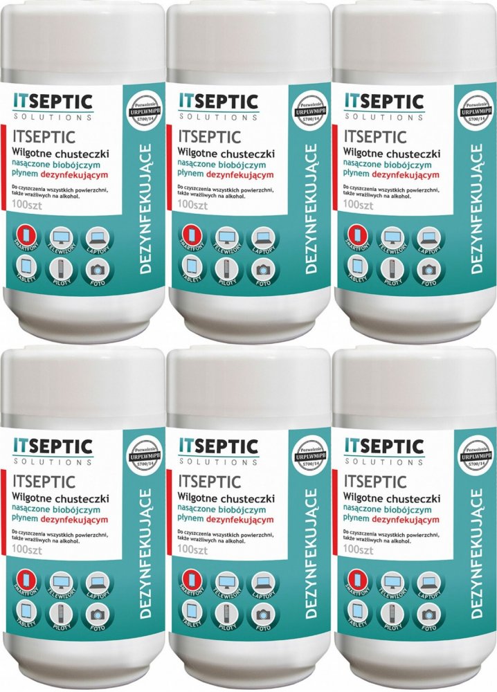 6x Chusteczki czyszcząco-dezynfekujące Itseptic, do powierzchni i sprzętu, 9x13.5 cm, 100 sztuk