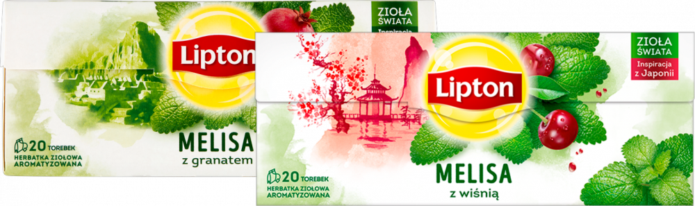 Zestaw herbat ziołowych w torebkach Lipton: melisa z granatem, 20 sztuk x 1.2g + melisa z wiśnią, 20 sztuk x 1.2g
