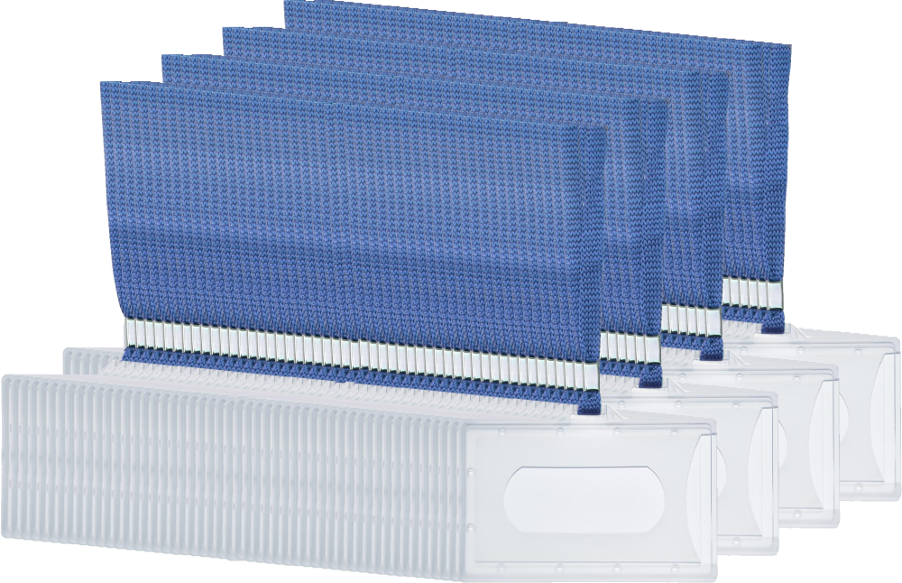 200x Holder do identyfikatorów Argo, z niebieską taśmą o szerokości 8mm, 92x59mm, przezroczysty