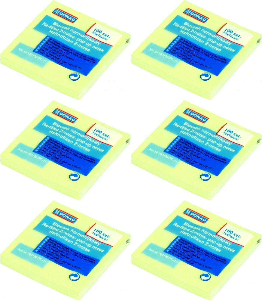 6x Karteczki samoprzylepne typu "Z" Donau, 76x76mm, 100 karteczek, żółty pastelowy
