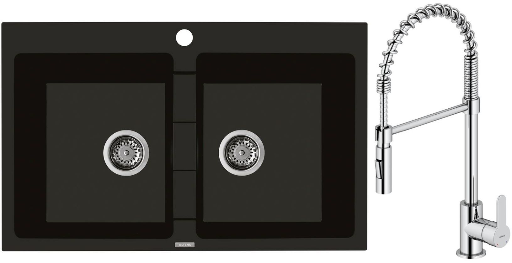 Zestaw Oltens Gravan zlewozmywak granitowy 2-komorowy 78x50 cm z baterią kuchenną Duf czarny mat/chrom (72400300, 35203100) - Wysyłka w 24h