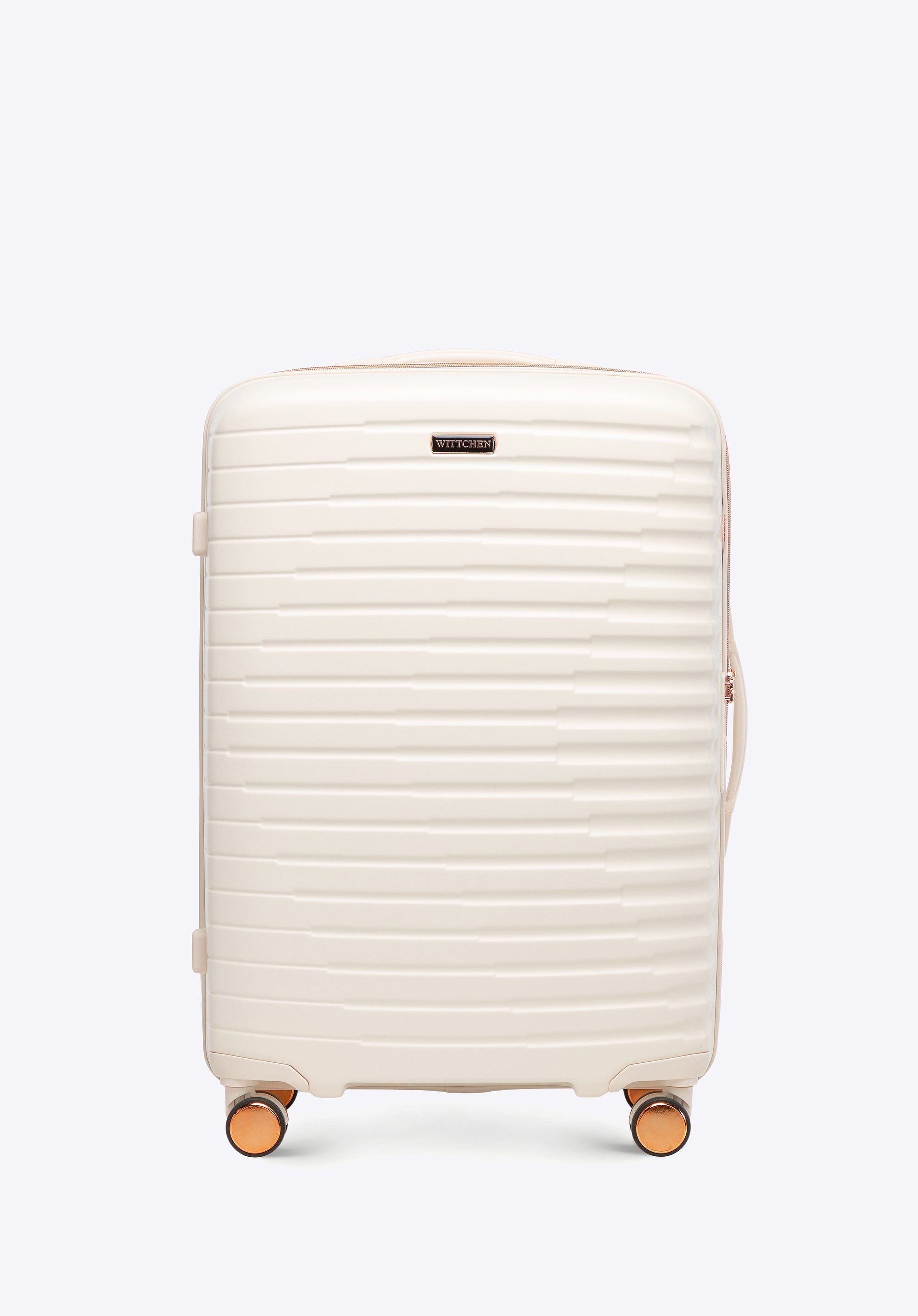 Średnia walizka z polikarbonu w poziome żebrowanie kremowo - złota