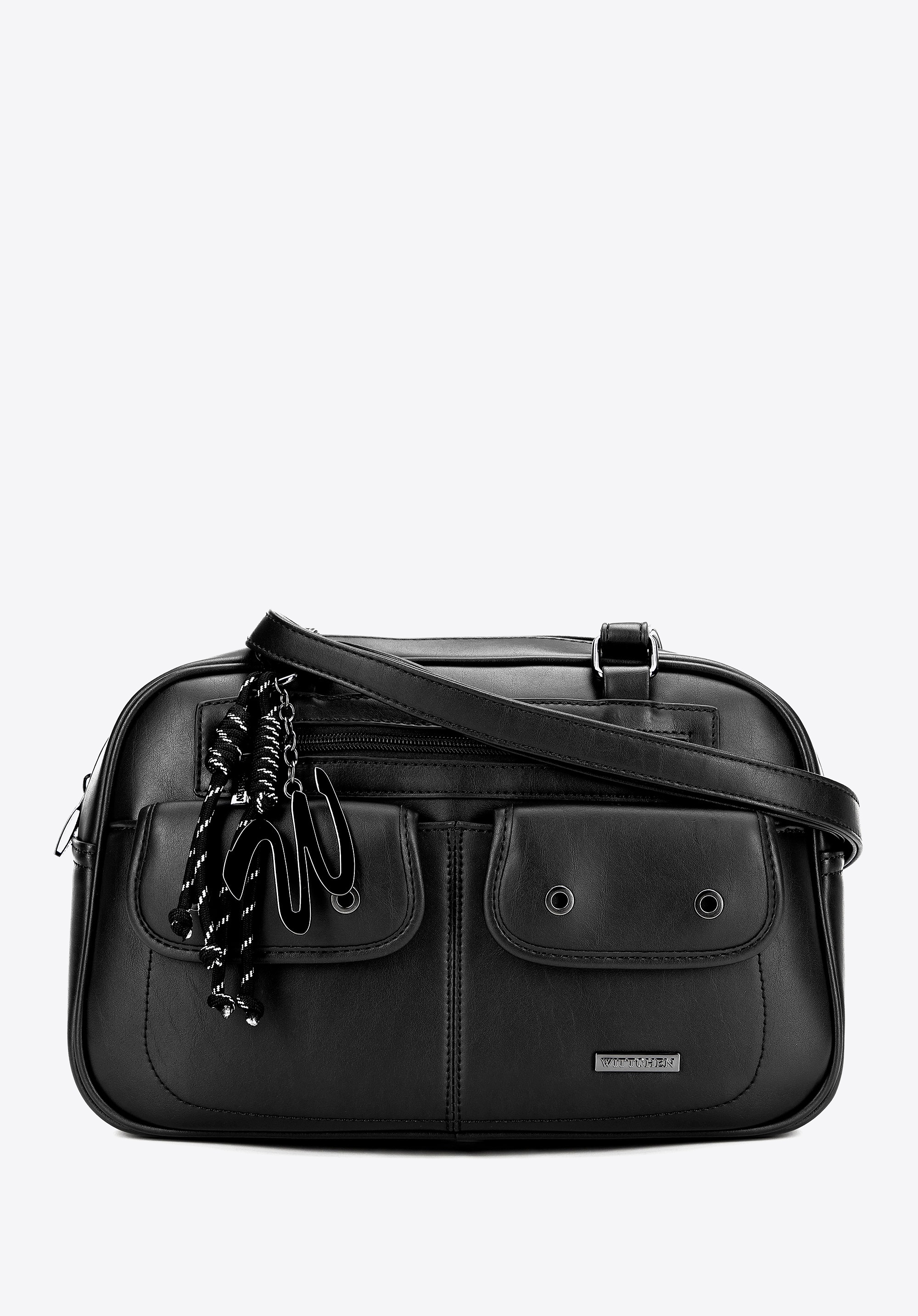 Damska torebka na ramię z imitacji skóry z kieszonkami czarna