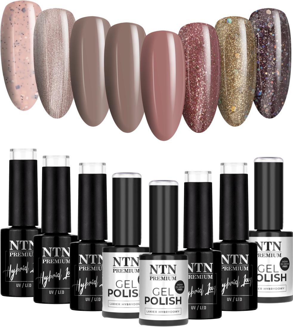 8x Lakier Hybrydowy NTN 5g Limited Edition Browns 2 ZESTAW 9w1
