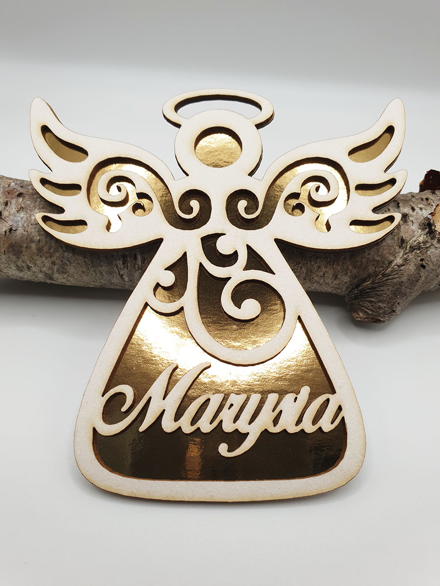 Bombka Imię - aniołek na choinkę, Złota zawieszka ażurowa z Logiem Firmowym, ozdoba na Boże Narodzenie prezent