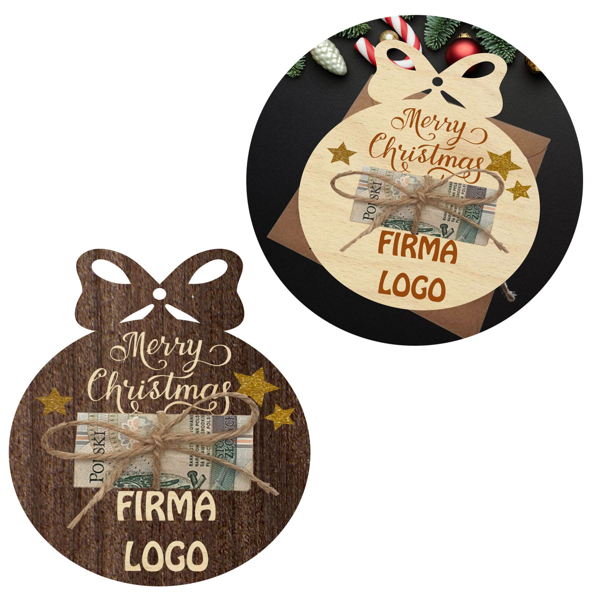 Świąteczny Bon Podarunkowy, bombka drewniana kartka na prezent, pieniadze, voucher mikołajki banknoty Twój napis LOGO
