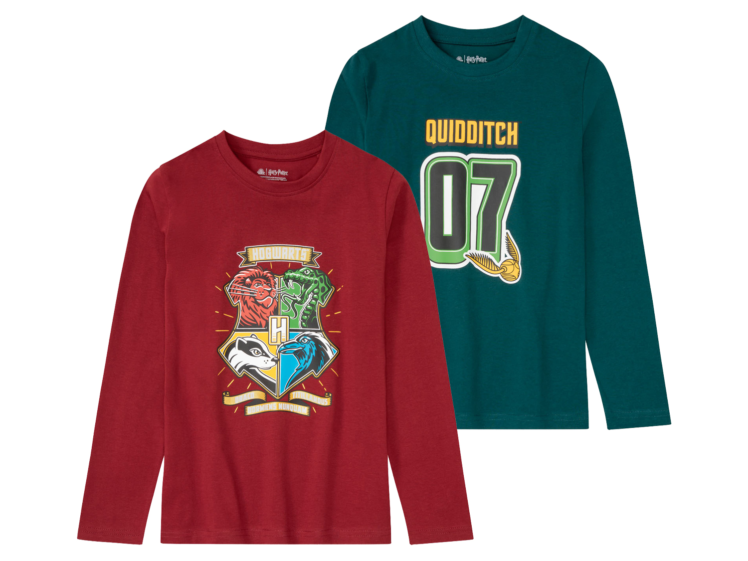 Koszulki chłopięce bawełniane z długim rękawem, z kolekcji Harry Potter, 2 sztuki Zielony/ czerwony, 134/140