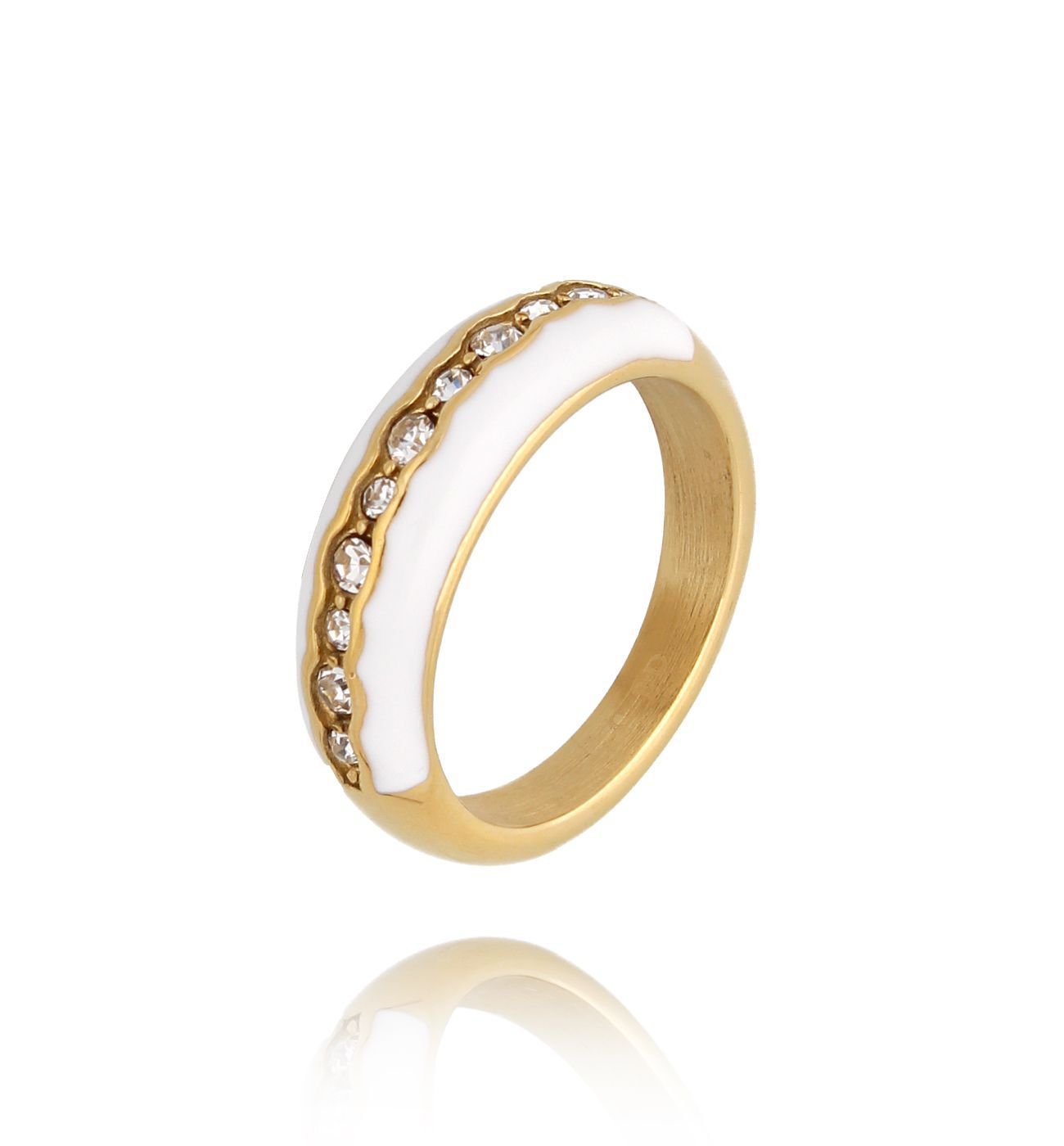 Pierścionek z cyrkoniami i białą emalią szeroki Mori PSA0639