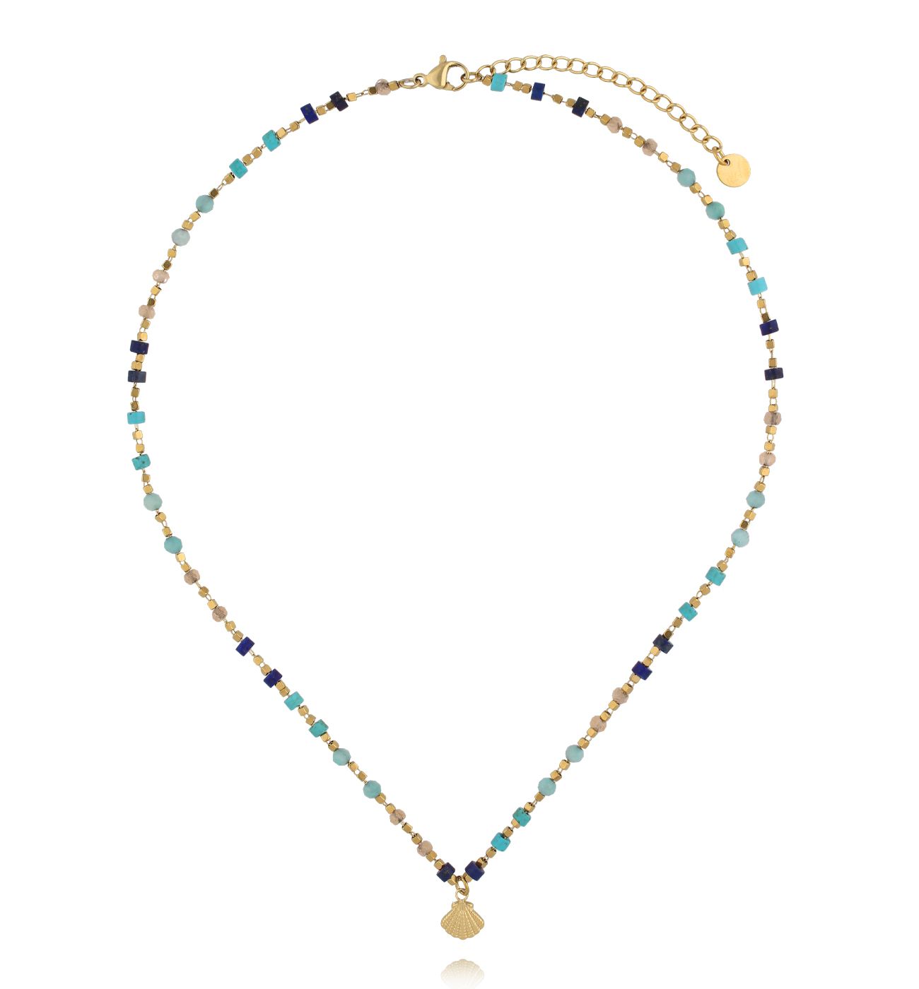 Naszyjnik z jadeitów, lapisów, turkusów i amazonitów z zawieszką muszli NSC0661