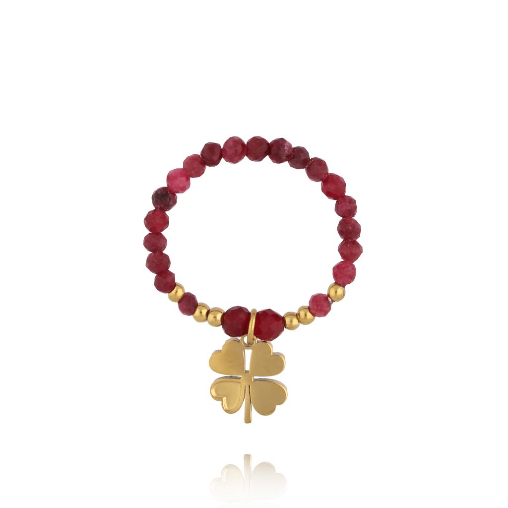 Pierścionek elastyczny z bordowymi jadeitami i koniczynką - By Dziubeka