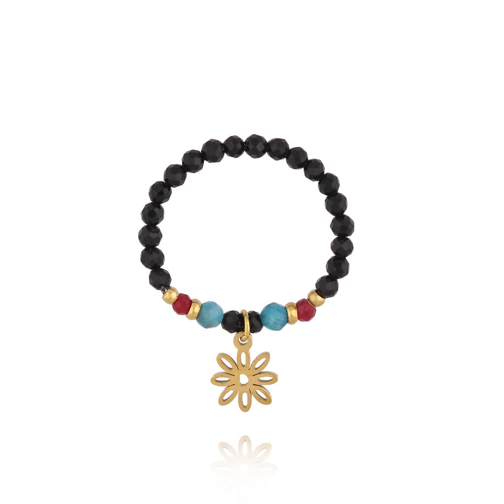 Pierścionek z czarnego turmalinu, apatytu i czerwonego jadeitu z zawieszką kwiatkiem PTW0596