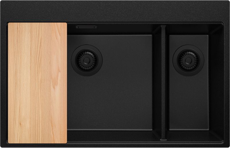 Zlewozmywak Oslo Duo PRIMAGRAN Nablatowy 78x50cm do szafki od 80cm, Cały Czarny + Syfon + Deska, S079, 1 szt.