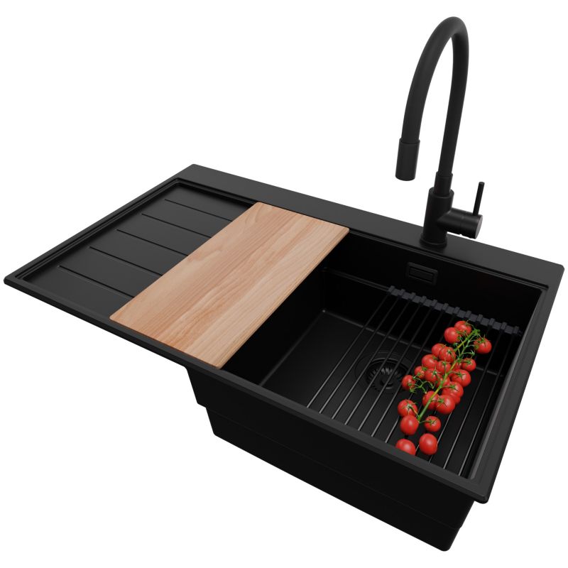 Zlewozmywak Granitowy Sydney PRIMAGRAN Nablatowy 78x50cm, Cały Czarny + Bateria + Syfon + Akcesorium, S236, 1 szt.