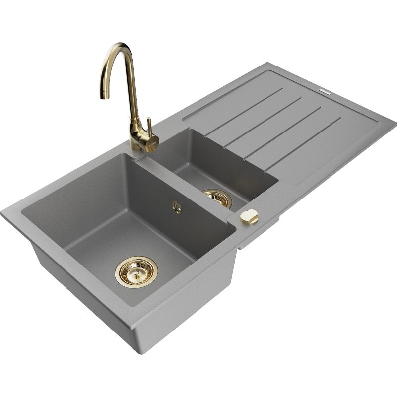 Zlewozmywak granitowy 1.5-komorowy Mexen Andres z ociekaczem i baterią kuchenną Telma szary 6515-71-670200-50