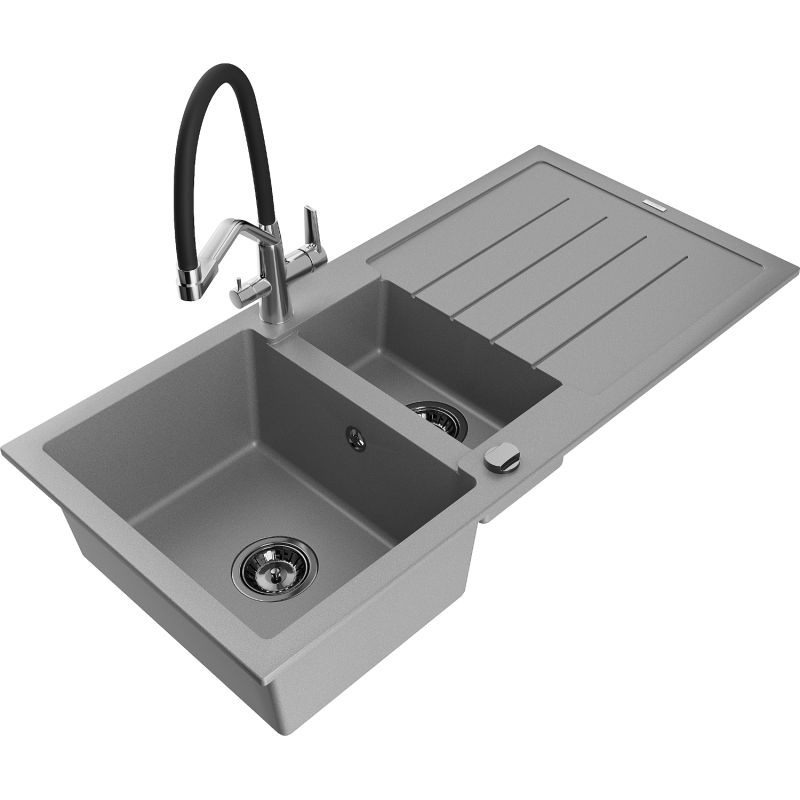 Zlewozmywak granitowy 1.5-komorowy Mexen Andres z ociekaczem i baterią kuchenną Duo szary 6515-71-671701-07-B