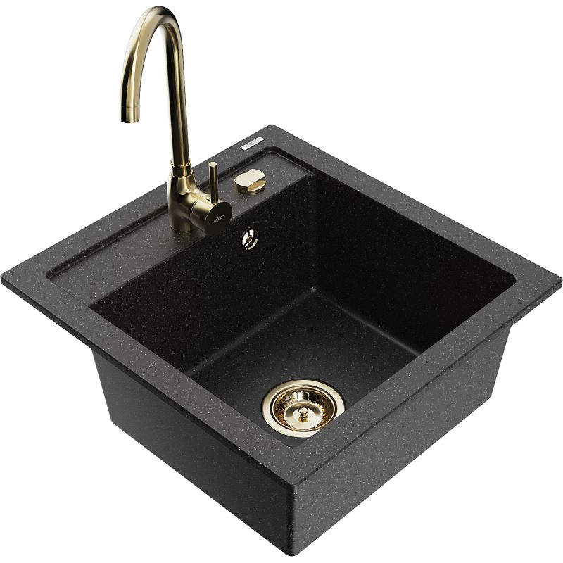 Zlewozmywak granitowy 1-komorowy Mexen Vito z baterią kuchenną Telma czarny/srebrny metalik 6503-73-670200-50