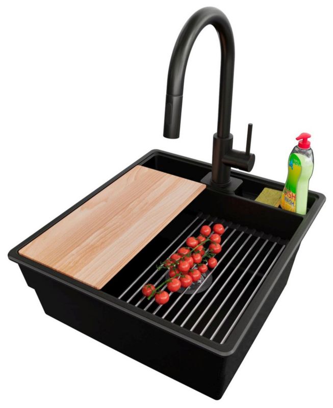 Zlewozmywak Granitowy Nowy Jork PRIMAGRAN Nablatowy 48x53cm do szafki od 50cm, Czarny + Bateria + Syfon + Akcesoria, , 1 szt.