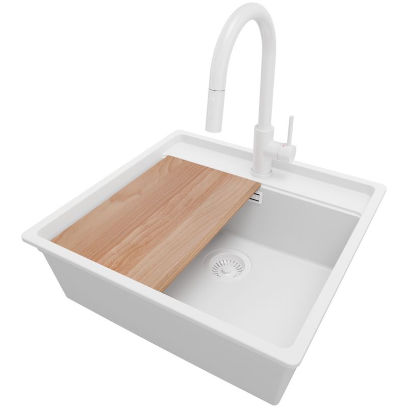 Zlewozmywak podblatowy Bergen PRIMAGRAN 56x53cm do szafki od 60cm, Cały Biały + Bateria 40x20cm + Syfon + Deska, S094, 1 szt.