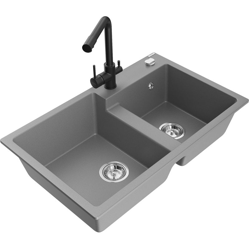 Zlewozmywak granitowy 2-komorowy Mexen Tomas z baterią kuchenną Duo beżowy - 6516-69-671701-70-B 1 szt.