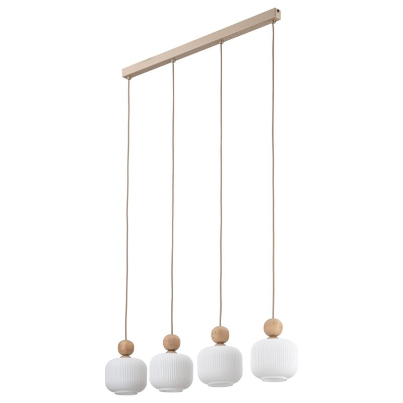 Lampa Wisząca Tk-Lighting belka Ballo drewno klosz biały ryflowany 4Xe14 - 1szt.