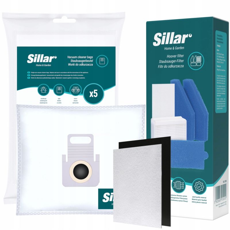 Worki do odkurzacza, Sillar, syntetyczne, 5szt+ 7x filtr do odkurzacza, HEPA, piankowy, zamiennik do Thomas Pet&Family Aqua, 12szt