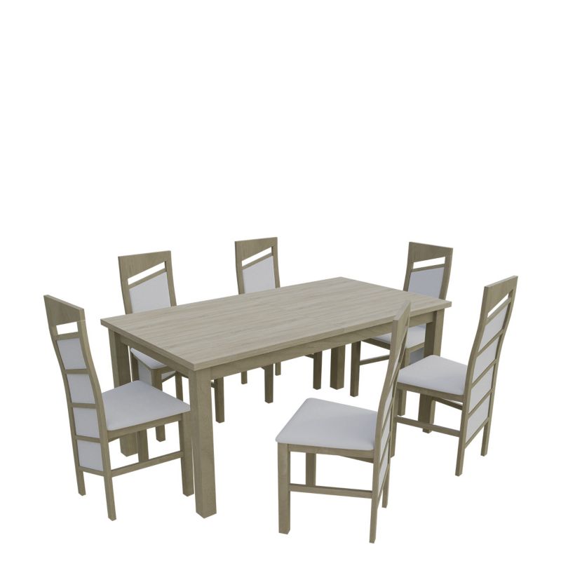Zestaw RO19 MIRJAN 24 Stół rozkładany S18-L 80x160/200 + 6 krzeseł K61 dąb sonoma + biała ekoskóra 1 kpl.