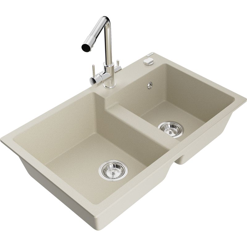 Zlewozmywak granitowy 2-komorowy Mexen Tomas z baterią kuchenną Duero beżowy 6516-69-671600-00