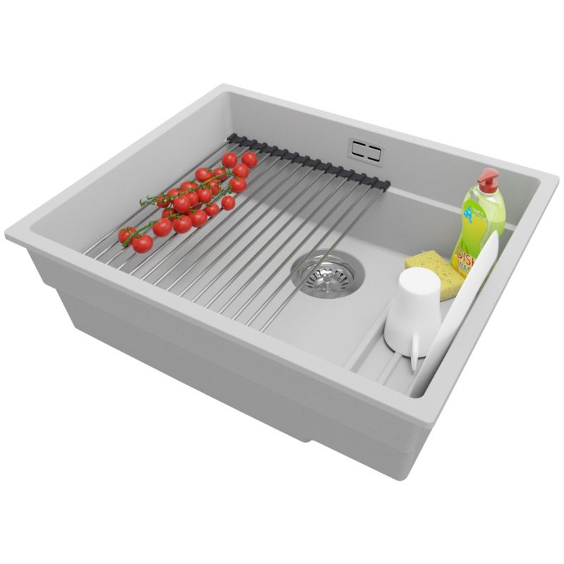 Zlewozmywak podblatowy Praga PRIMAGRAN 56x47cm do szafki od 60cm, Szary + Syfon + Zwijany ociekacz, S357, 1 szt.