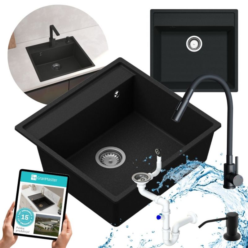 Zestaw zlewozmywak kuchenny GranMaster Magma 1-komorowy bez ociekacza, dozownikiem płynu, betrią i syfonem, czarny metalik 1szt.
