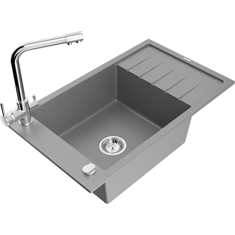 Zlewozmywak granitowy 1-komorowy Mexen Elias z ociekaczem i baterią kuchenną Duero szary 6511-71-671600-00