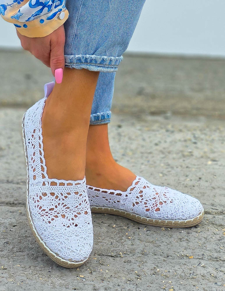 Białe Ażurowe Koronkowe Balerinki Giulia