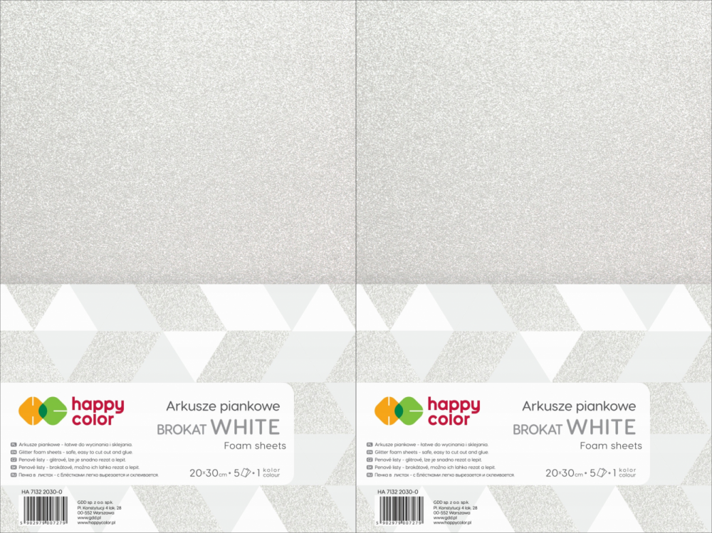 2x Arkusze piankowe brokatowe Happy Color, A4, 5 arkuszy, biały