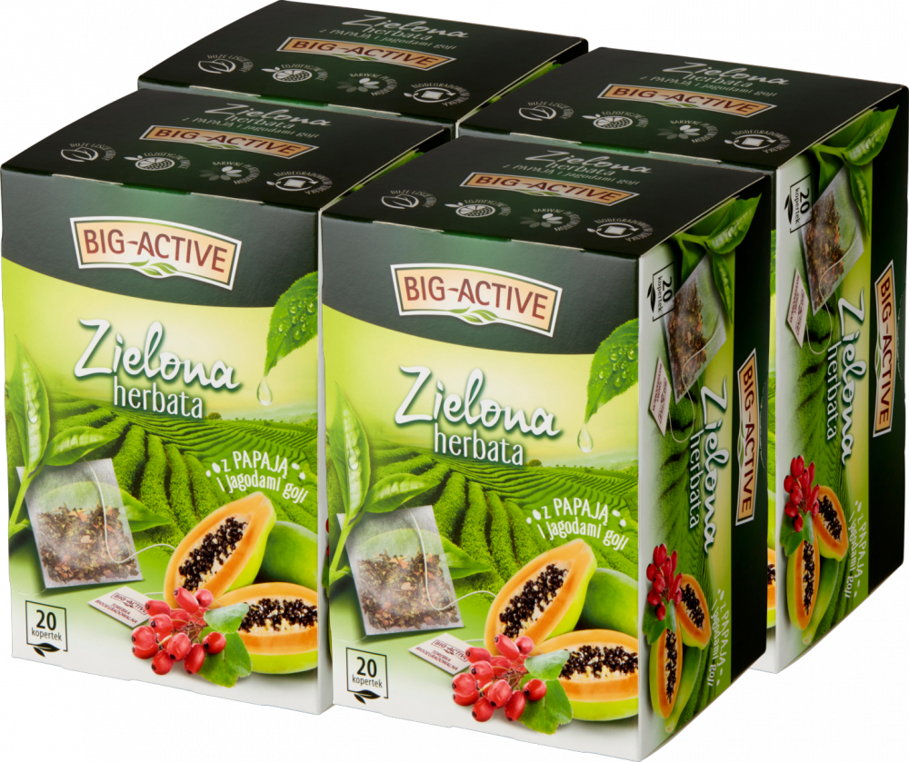 4x Herbata zielona smakowa w kopertach Big-Active, papaja i jagody goji, 20 sztuk x 1.7g