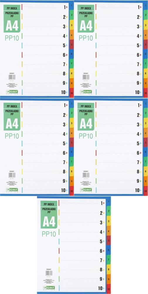 5x Przekładki do segregatora D.Rect PP10, plastikowe, numeryczne, 1-10 kart, mix kolorów