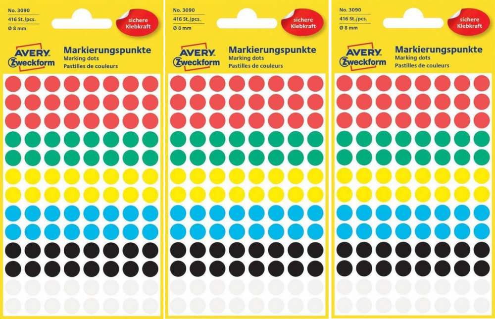 3x etykiety Avery Zweckform, okrągłe, średnica 8mm, 416 sztuk, mix kolorów