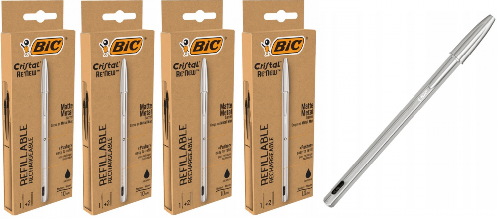 4x Długopis Bic Cristal Re'new Metal, 1mm+2 wkłady, czarny