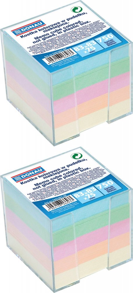 2x Karteczki do notatek w pojemniku Donau, nieklejone, 83x83x75mm, 750 kartek, mix kolorów