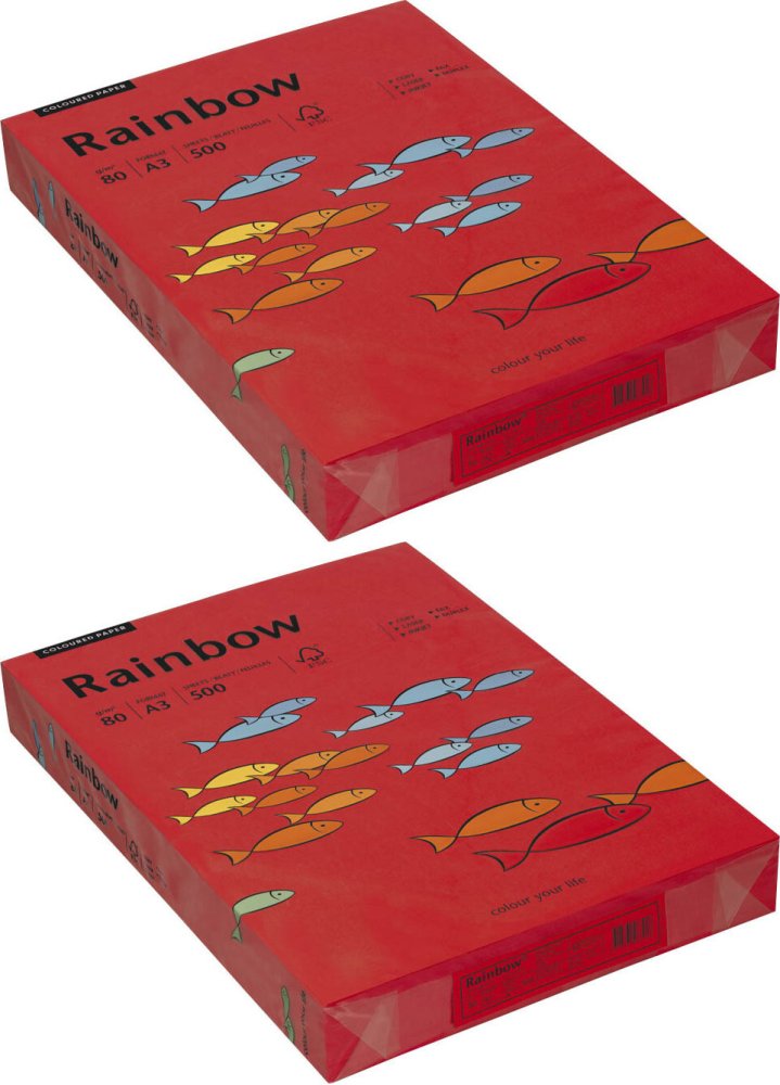 2x Papier kolorowy Rainbow, A3, 80g/m2, 500 arkuszy, czerwony