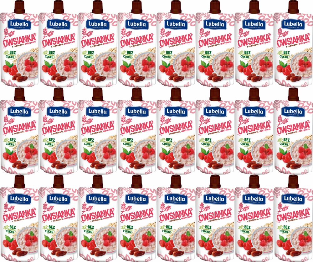 24x Mus owsianka Lubella, maliny, daktyle, bez cukru, 100g