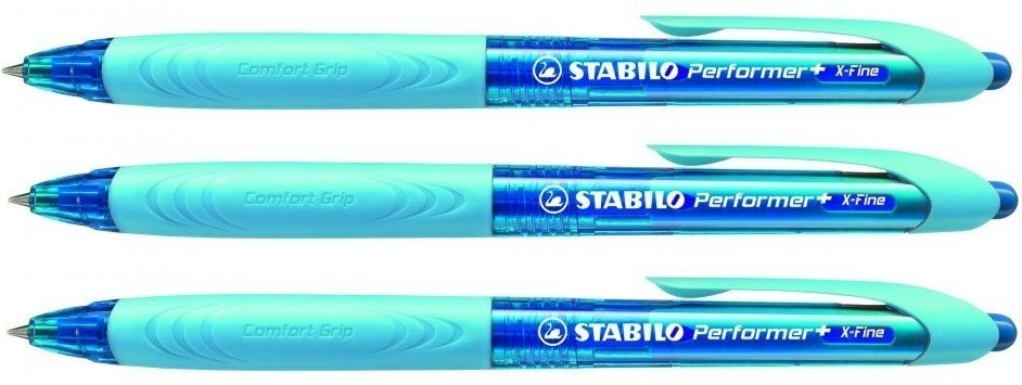 3x długopis automatyczny Stabilo Performer+ X-Fine, kolor niebieski, tusz niebieski