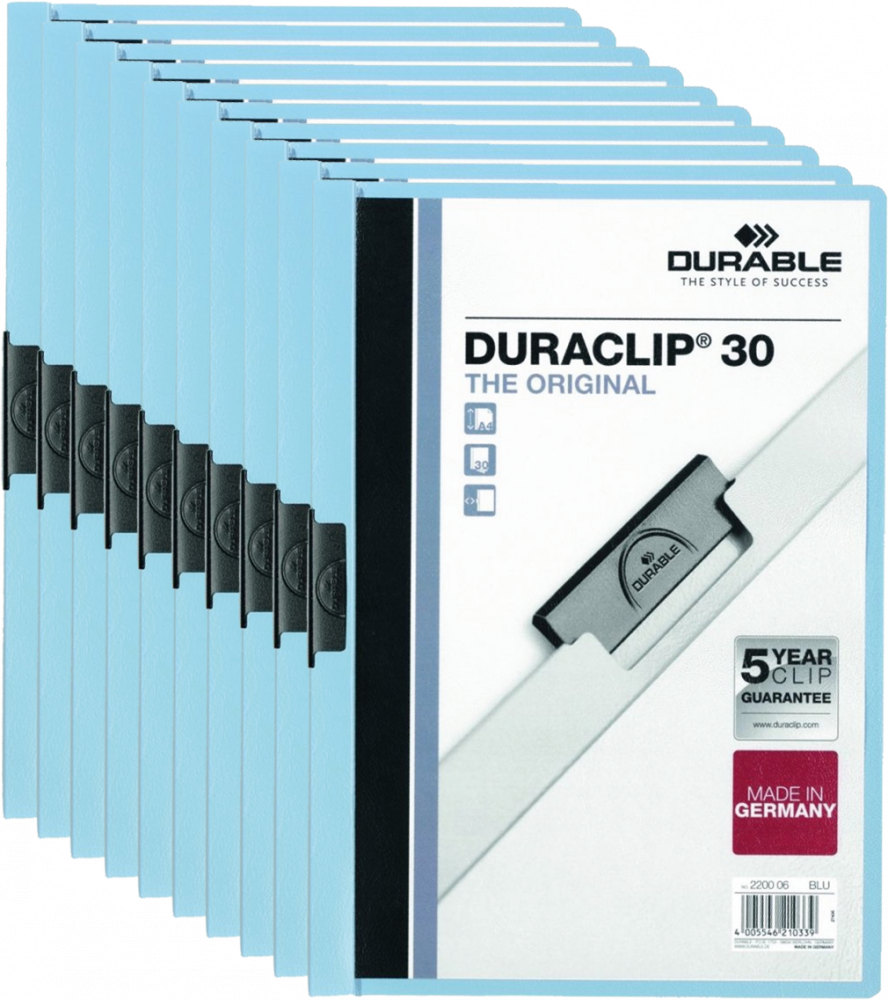 10x Skoroszyt plastikowy z klipsem Durable Duraclip, A4, do 30 kartek niebieski