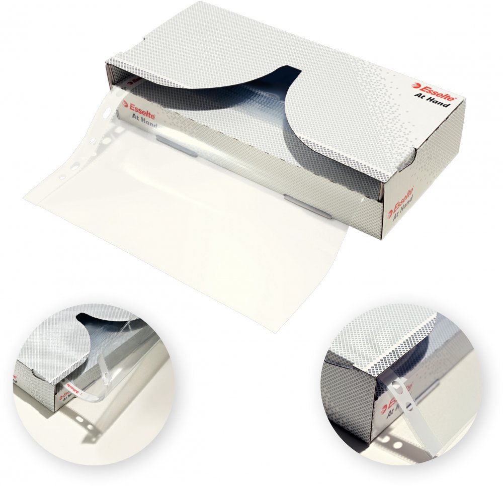 Koszulki krystaliczne Esselte At Hand, w kartoniku- dyspenserze, A4, 55μm, 40 sztuk, transparentny
