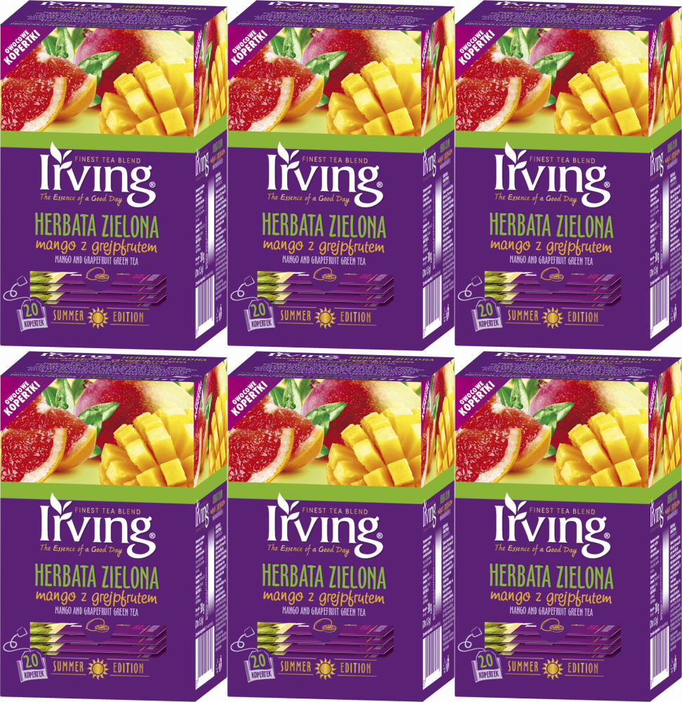 6x Herbata zielona smakowa w kopertach Irving, mango z grejpfrutem, 20 sztuk x 1.5g